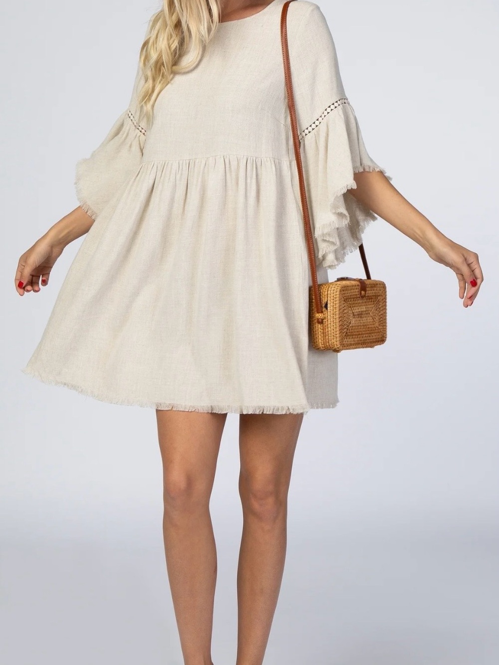 Beige Raw Edge Bell Sleeve Babydoll Maternity Dress